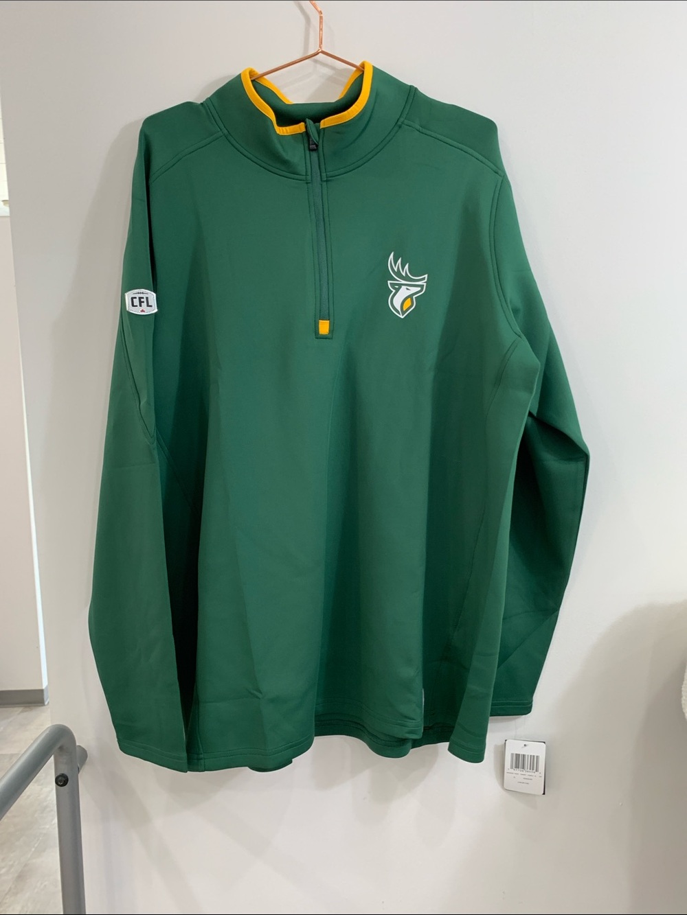 Men's Green Quarter-Zip Pullover with Yellow Trim - CFL Edmonton Elks Logo